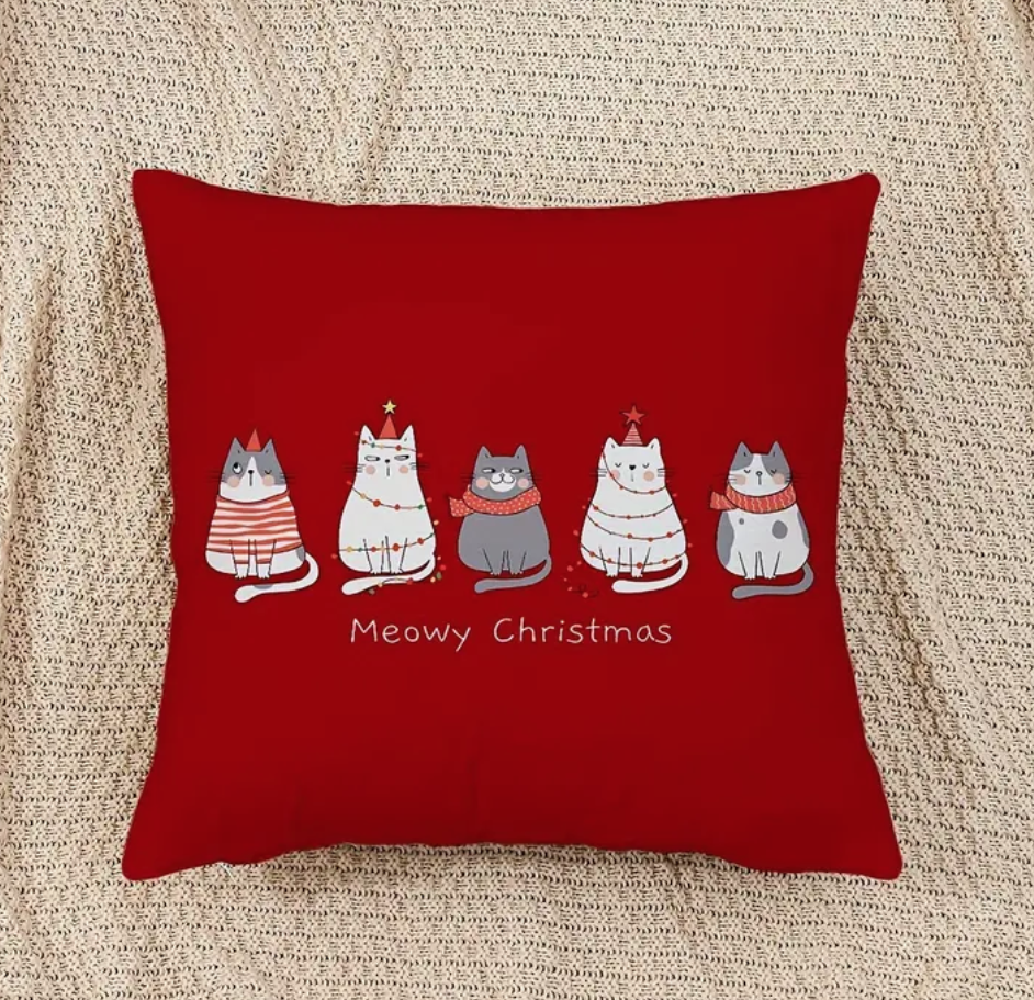 Christmas Pillow Cover - meowy xmas