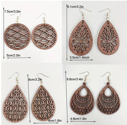 Mandala Style Carved Wooden Dangle Earrings