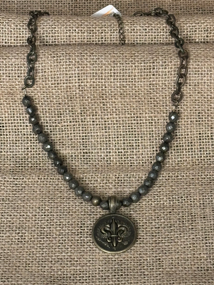 Short Fleur De Lis Pyrite Medallion Necklace