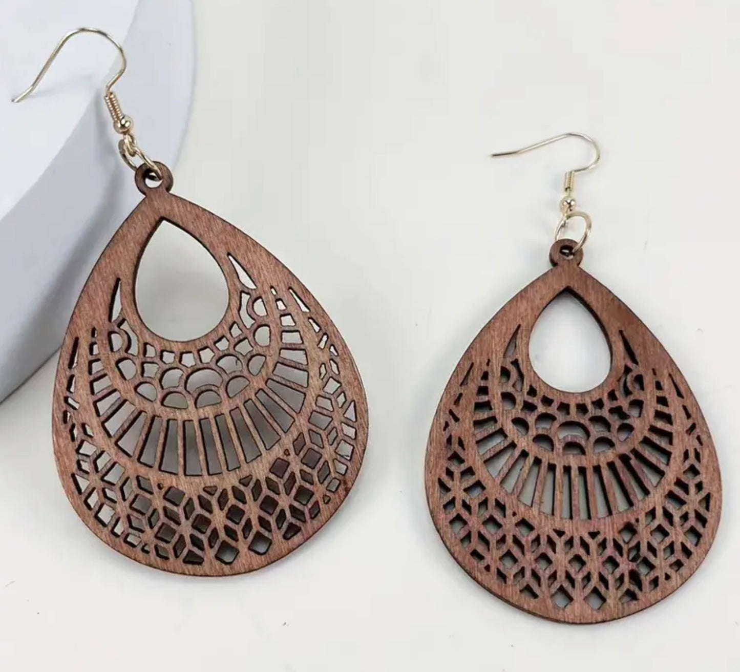 Mandala Style Carved Wooden Dangle Earrings