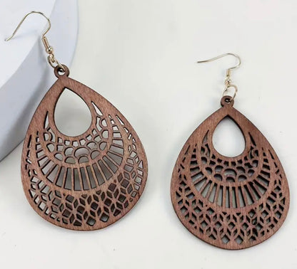 Mandala Style Carved Wooden Dangle Earrings