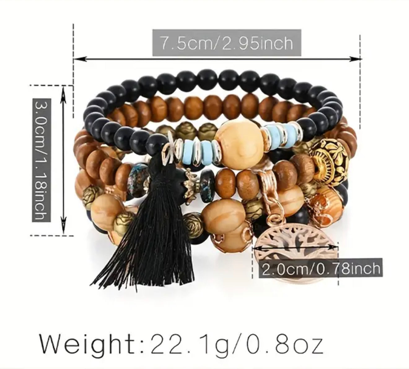 4pcs/set Tree Of Life Pendant Multilayer Beaded Bracelet Round Bead Wooden Bead Bracelet Bohemian