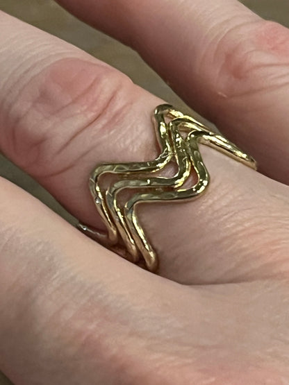 Gold Plated Adjustable Ring - Three Wavy Lines