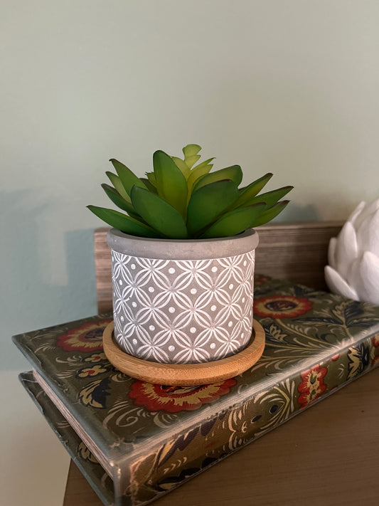 3 in cement flower pot with Bamboo tray (plants sold separately)