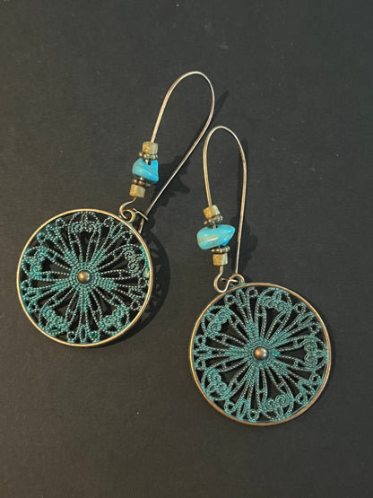 Patina medallion beaded dangle earrings