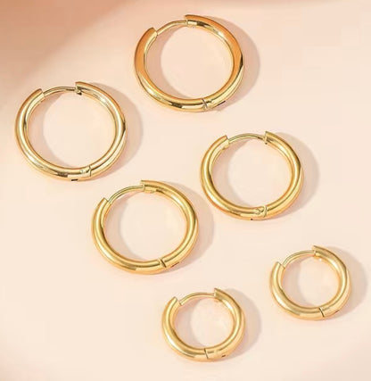 Gorgeous 18K Gold Plated Women's Small Hoop Huggie Earrings - 3 sizes outside diameter - 20mm, 18mm, 15mm