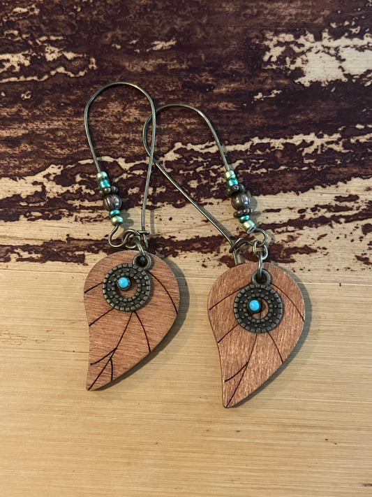 Bohemian wooden leaf dangle earrings with beads