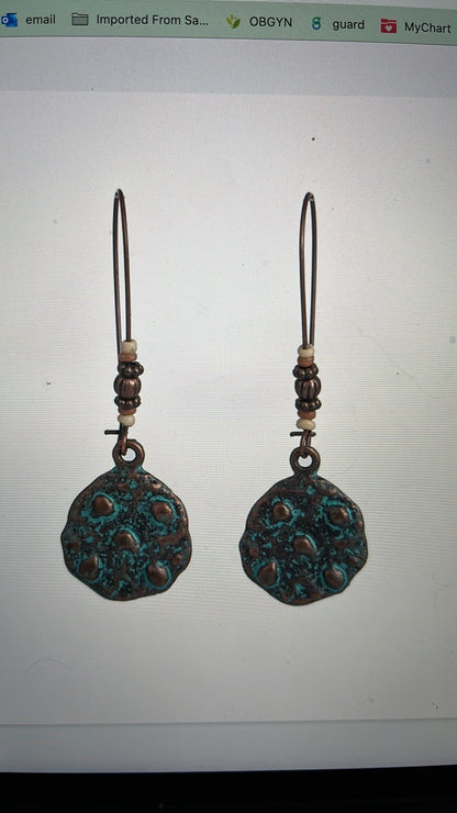 Vintage hook dangle earrings with patina look rustic medallion