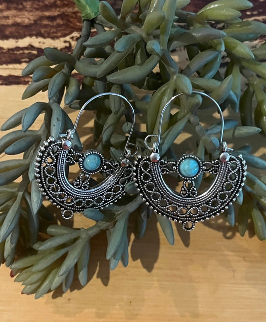 Silver Crescent Dangle earrings with turquoise colored Howlite stone