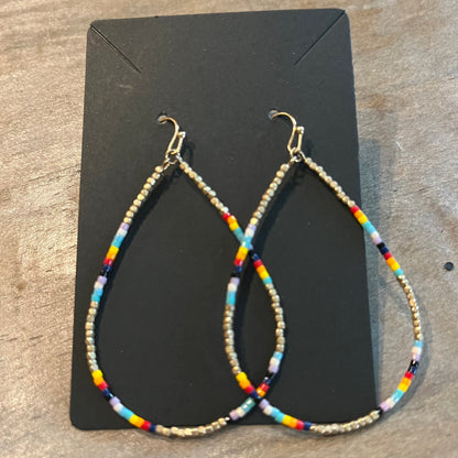 Tear drop earring with multi-colored rice beads