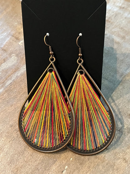 Bronze drop earrings with multicolored threading