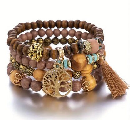 4pcs/set Tree Of Life Pendant Multilayer Beaded Bracelet Round Bead Wooden Bead Bracelet Bohemian