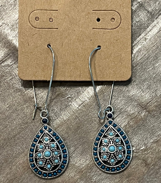 Silver tear drop blue and turquoise earrings