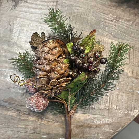 XMAS Brown Pine Cone and feather Pick