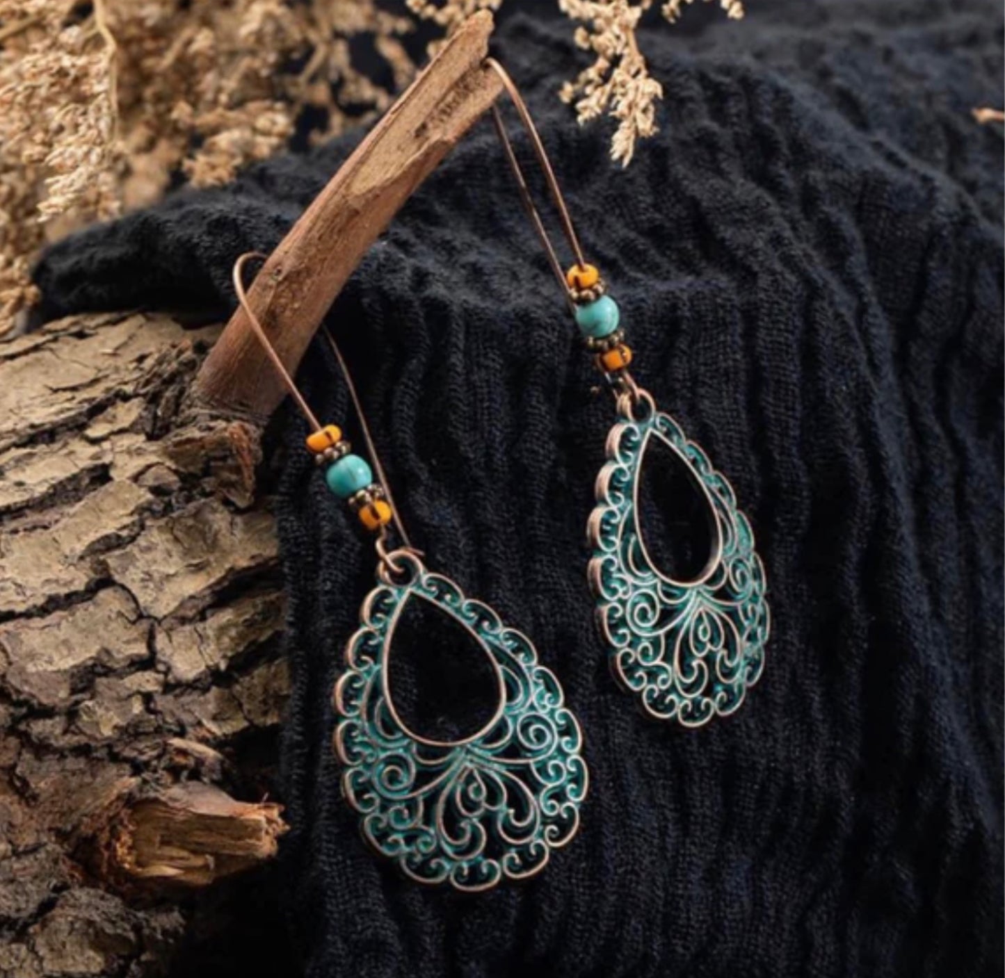 Vintage copper and turquoise drop Boho style earrings