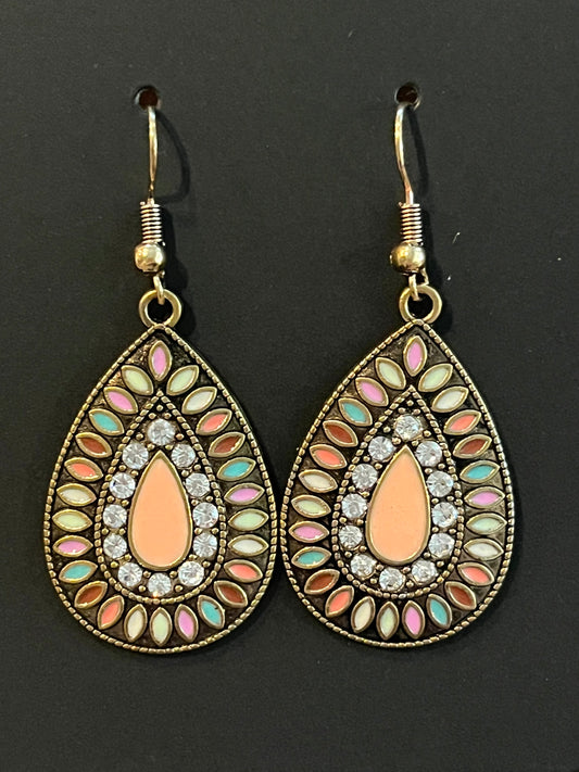 Boho gold colored tear drop earrings with cubic zirconia and multi-colored…