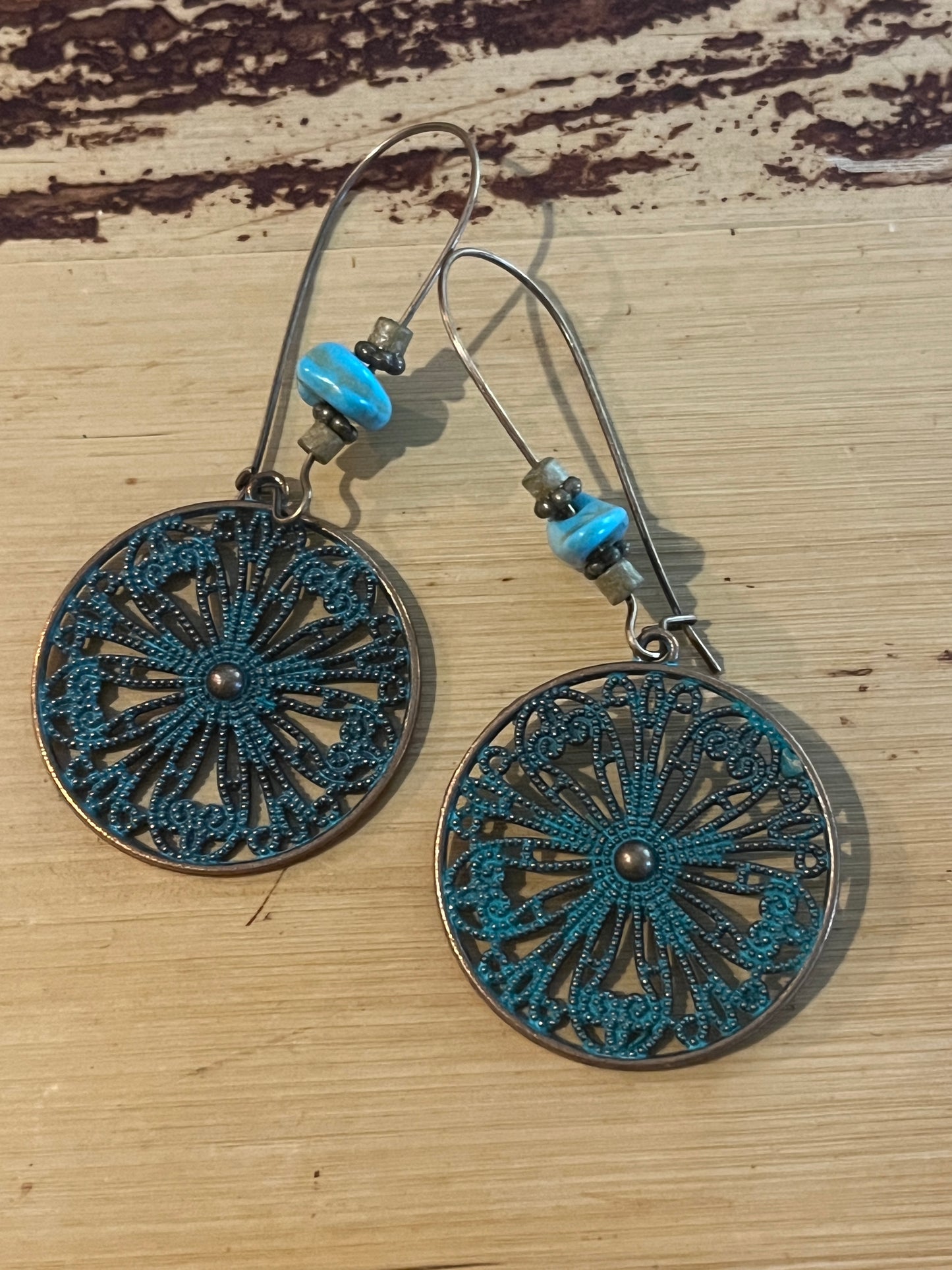 Patina medallion beaded dangle earrings