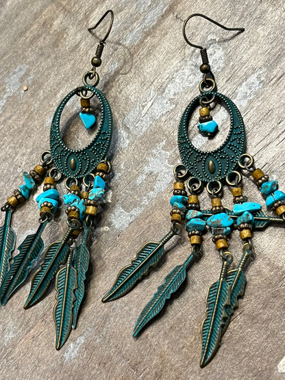 Vintage bohemian style drop leaf earrings