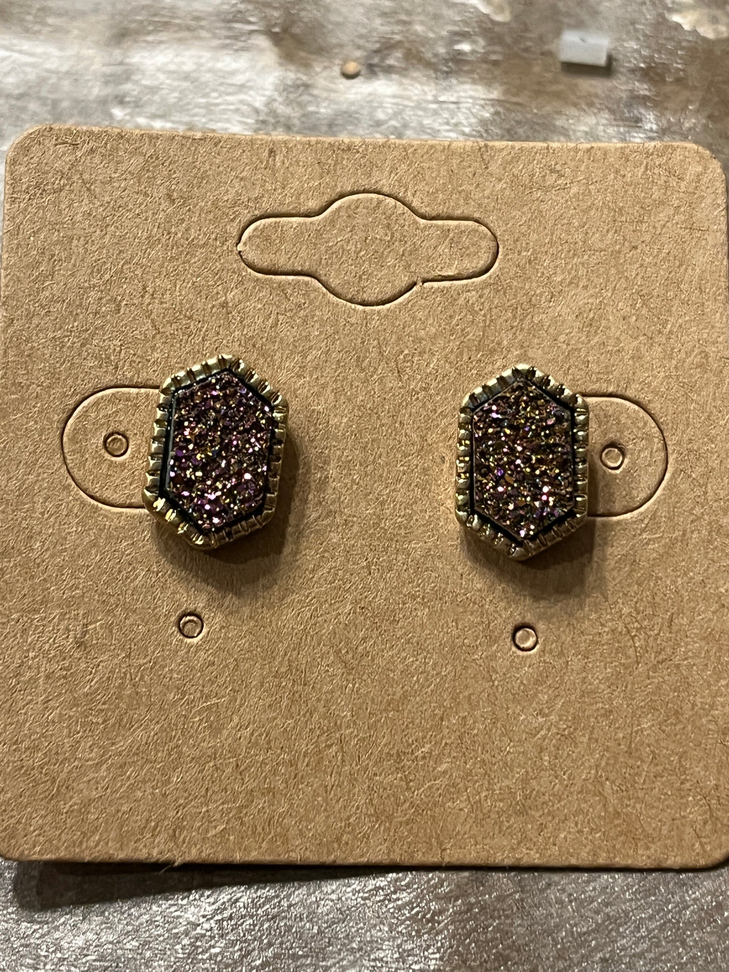 Hexagon Shape Stud Earrings with colored glittery druzy style center