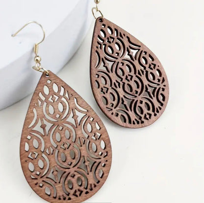 Mandala Style Carved Wooden Dangle Earrings