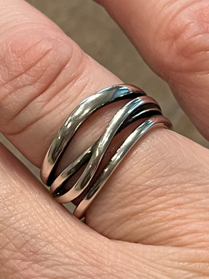 Sliver Stacked Crossover Ring