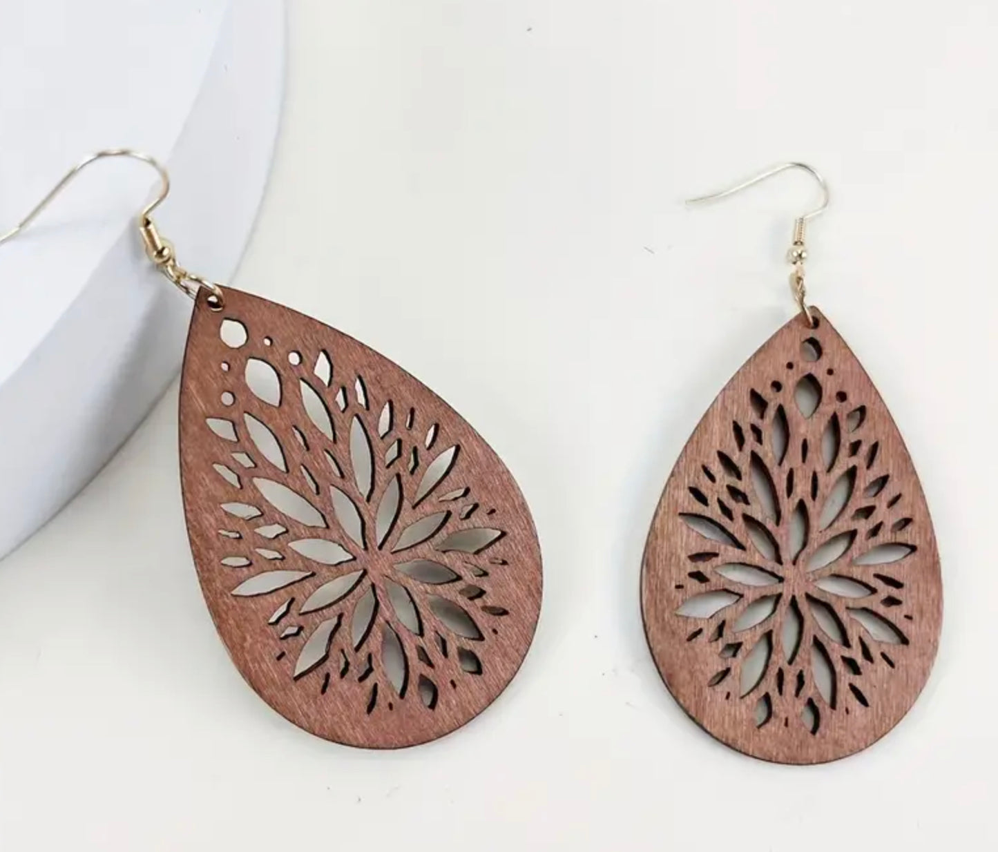 Mandala Style Carved Wooden Dangle Earrings