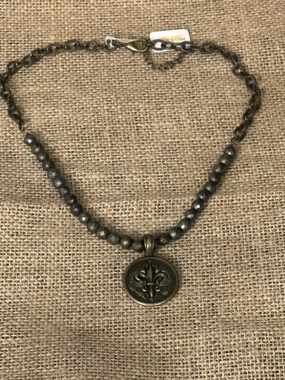 Short Fleur De Lis Pyrite Medallion Necklace