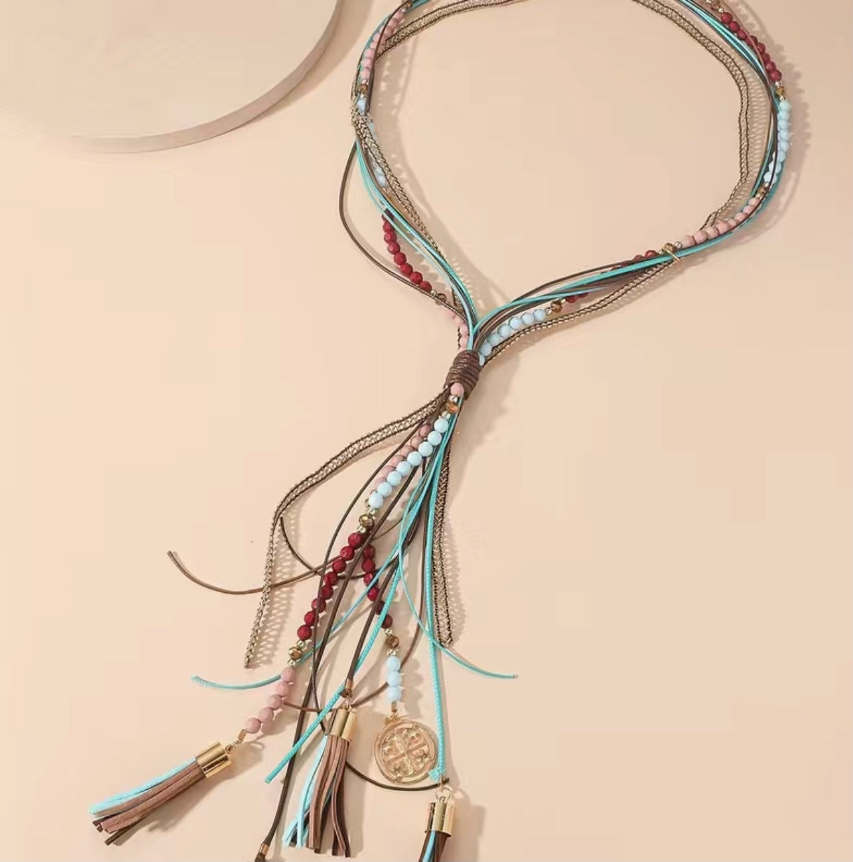 Boho style multi-colored leather and bead long necklace