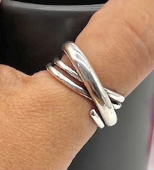 Chunky braided silver ring with cross over