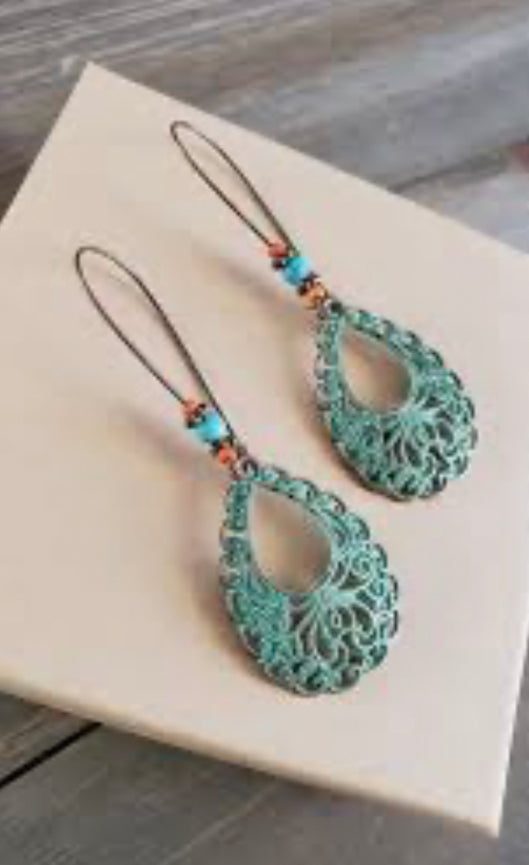 Vintage copper and turquoise drop Boho style earrings