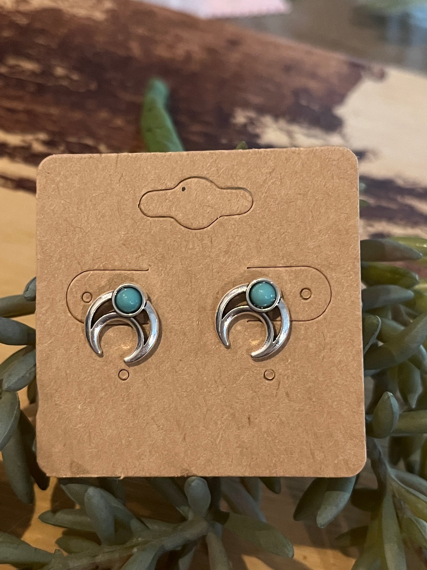 Qtr moon Silver stud earrings with turquoise colored Howlite stone