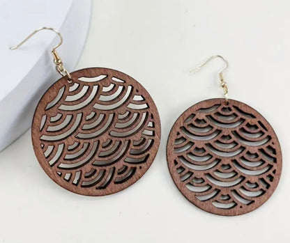 Mandala Style Carved Wooden Dangle Earrings