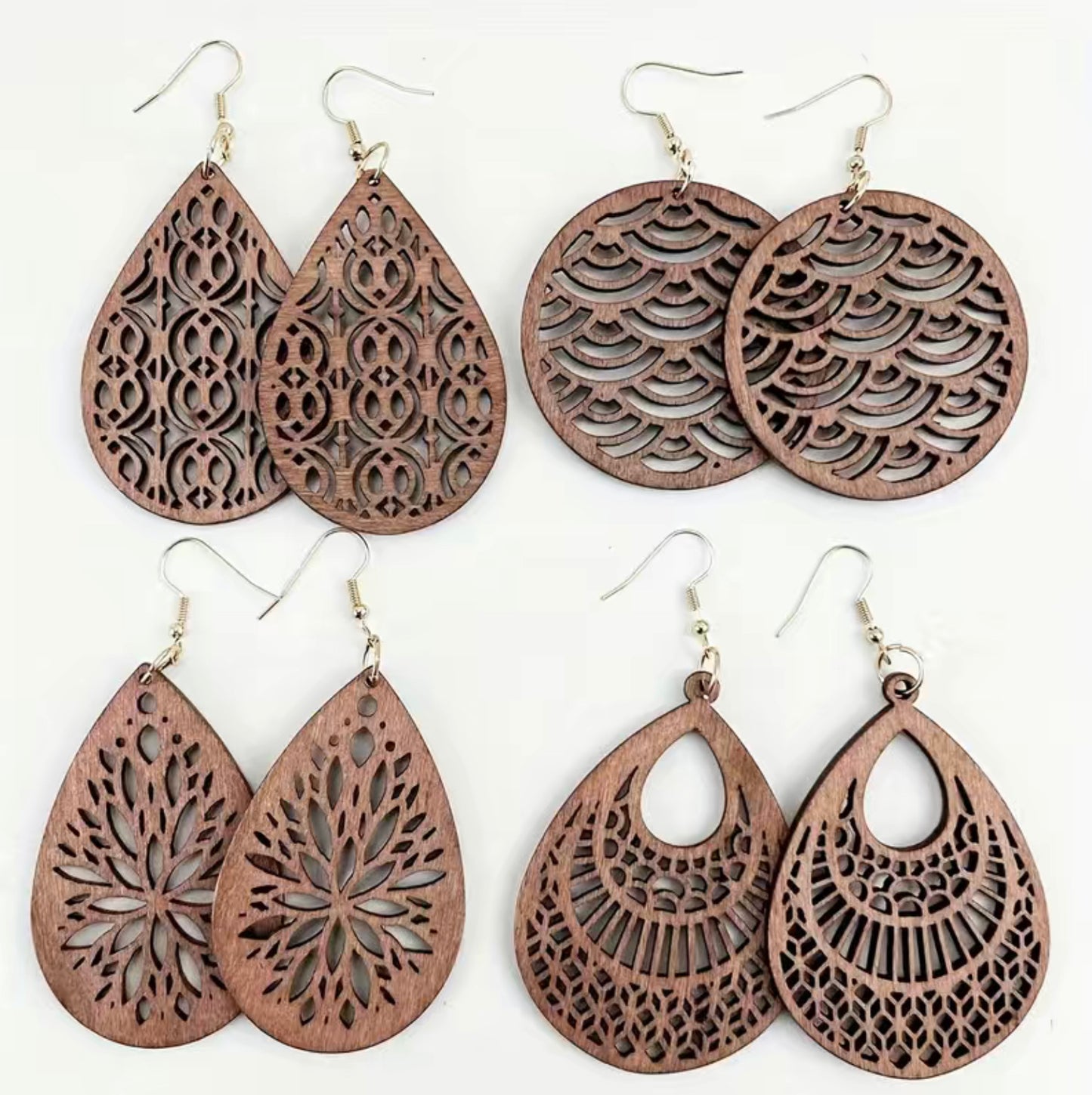 Mandala Style Carved Wooden Dangle Earrings