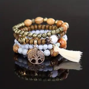 4pcs/set Tree Of Life Pendant Multilayer Beaded Bracelet Round Bead Wooden Bead Bracelet Bohemian