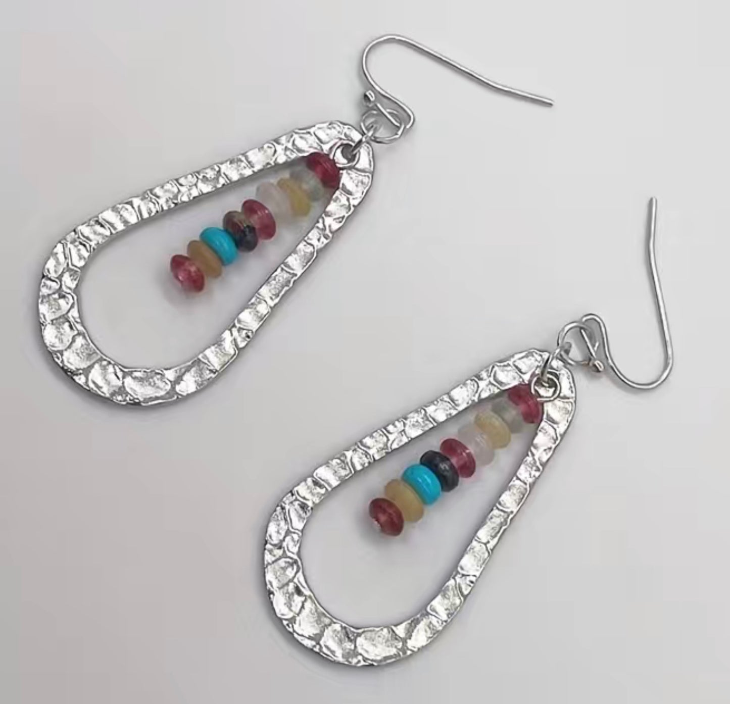 Hammered silver drop earrings with bead detail