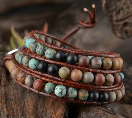 Boho style Earth colored beaded wrap bracelet