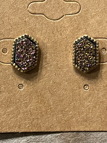 Hexagon Shape Stud Earrings with colored glittery druzy style center