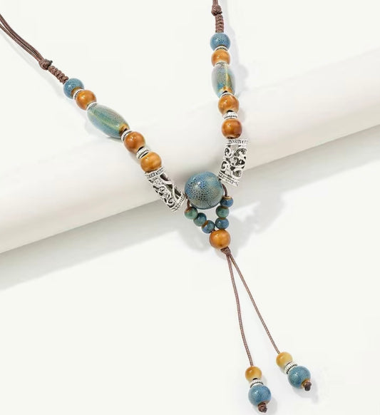 Boho Ceramic Blue Bead necklace