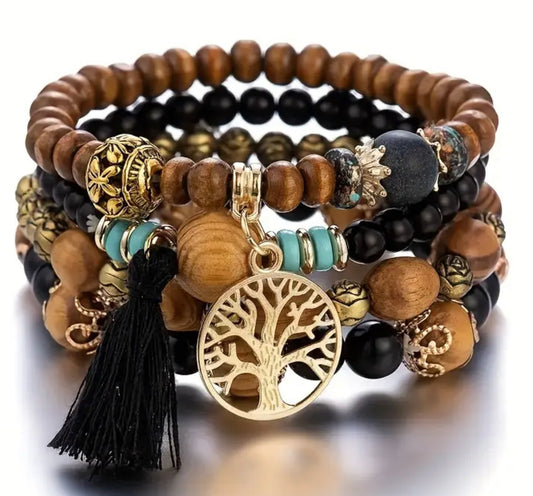 4pcs/set Tree Of Life Pendant Multilayer Beaded Bracelet Round Bead Wooden Bead Bracelet Bohemian