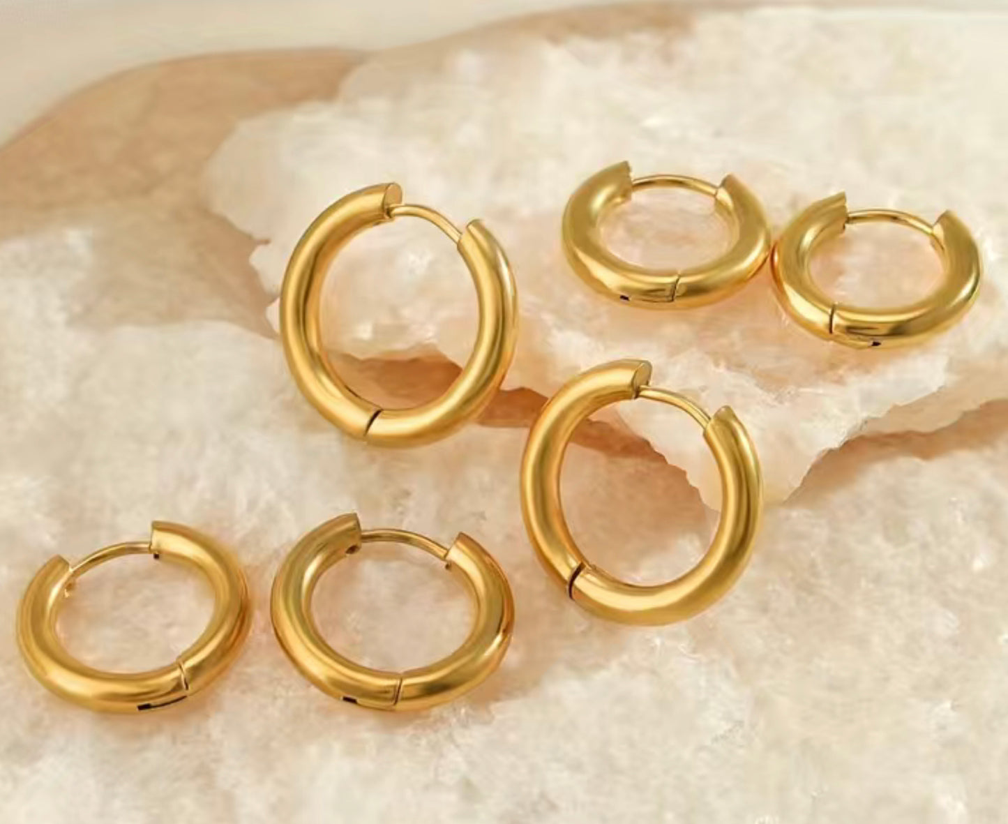 Gorgeous 18K Gold Plated Women's Small Hoop Huggie Earrings - 3 sizes outside diameter - 20mm, 18mm, 15mm