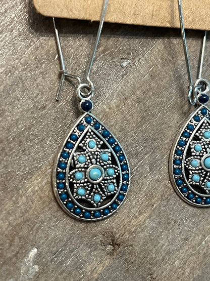 Silver tear drop blue and turquoise earrings