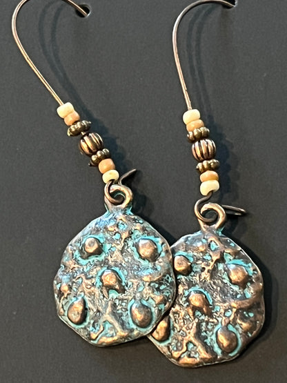 Vintage hook dangle earrings with patina look rustic medallion