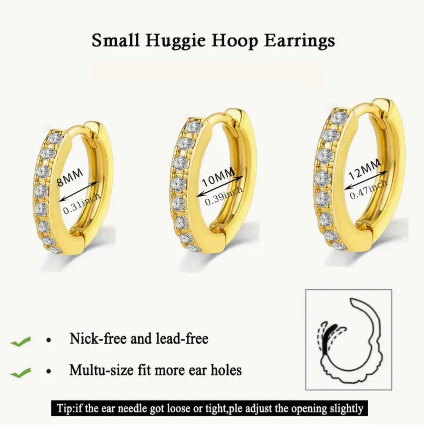 3 pairs Golden Huggie Hoop Earrings with Shiny diamond shaped moissanite inlay  - Inside D 8mm, 10mm, 12mm