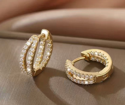 Double-layer curved 14k Gold plated Huggie Hoop Earrings with CZ inlay in front and back