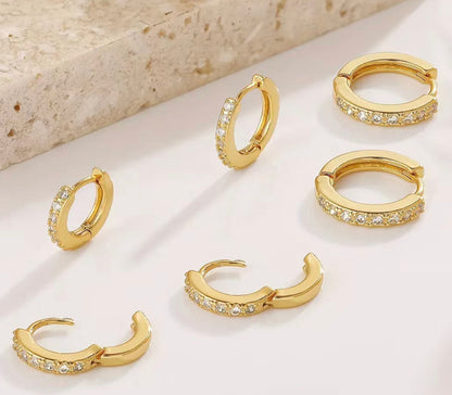 3 pairs Golden Huggie Hoop Earrings with Shiny diamond shaped moissanite inlay  - Inside D 8mm, 10mm, 12mm