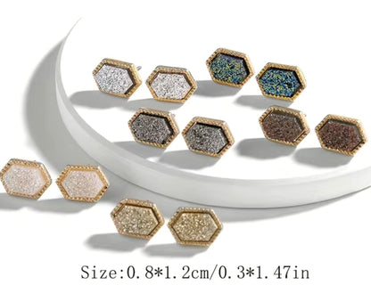 Hexagon Shape Stud Earrings with colored glittery druzy style center