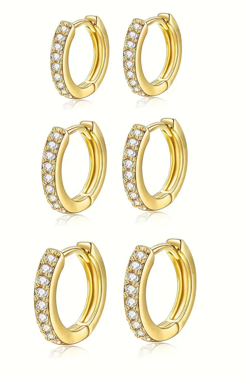 3 pairs Golden Huggie Hoop Earrings with Shiny diamond shaped moissanite inlay  - Inside D 8mm, 10mm, 12mm