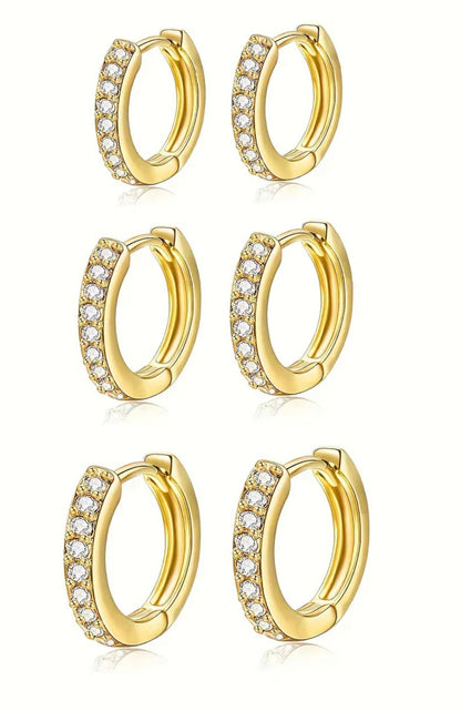 3 pairs Golden Huggie Hoop Earrings with Shiny diamond shaped moissanite inlay  - Inside D 8mm, 10mm, 12mm