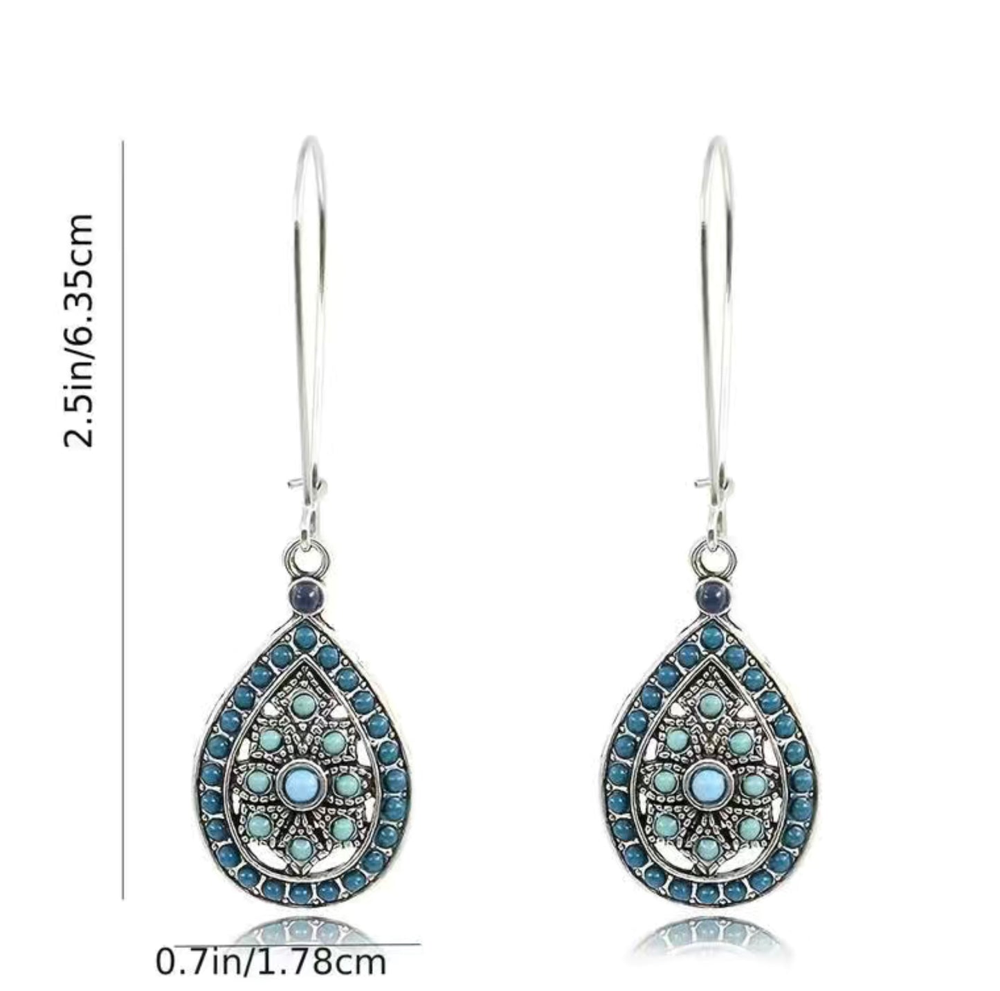 Silver tear drop blue and turquoise earrings