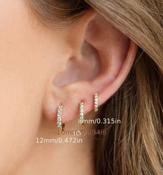 3 pairs Golden Huggie Hoop Earrings with Shiny diamond shaped moissanite inlay  - Inside D 8mm, 10mm, 12mm